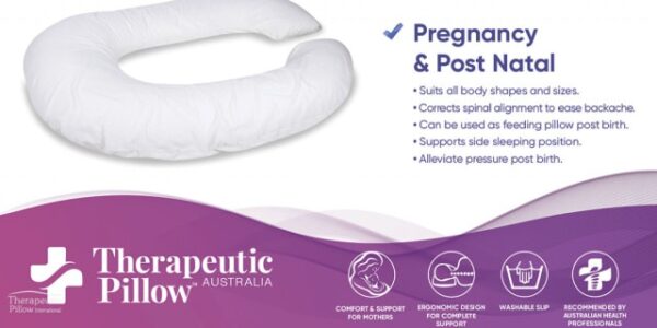Therapeutic Pillow Australia's Pregnancy and Post Natal benefits graphics for the CuddleUp Body Pillow available online and in-store at The Back and Neck Bed Shop